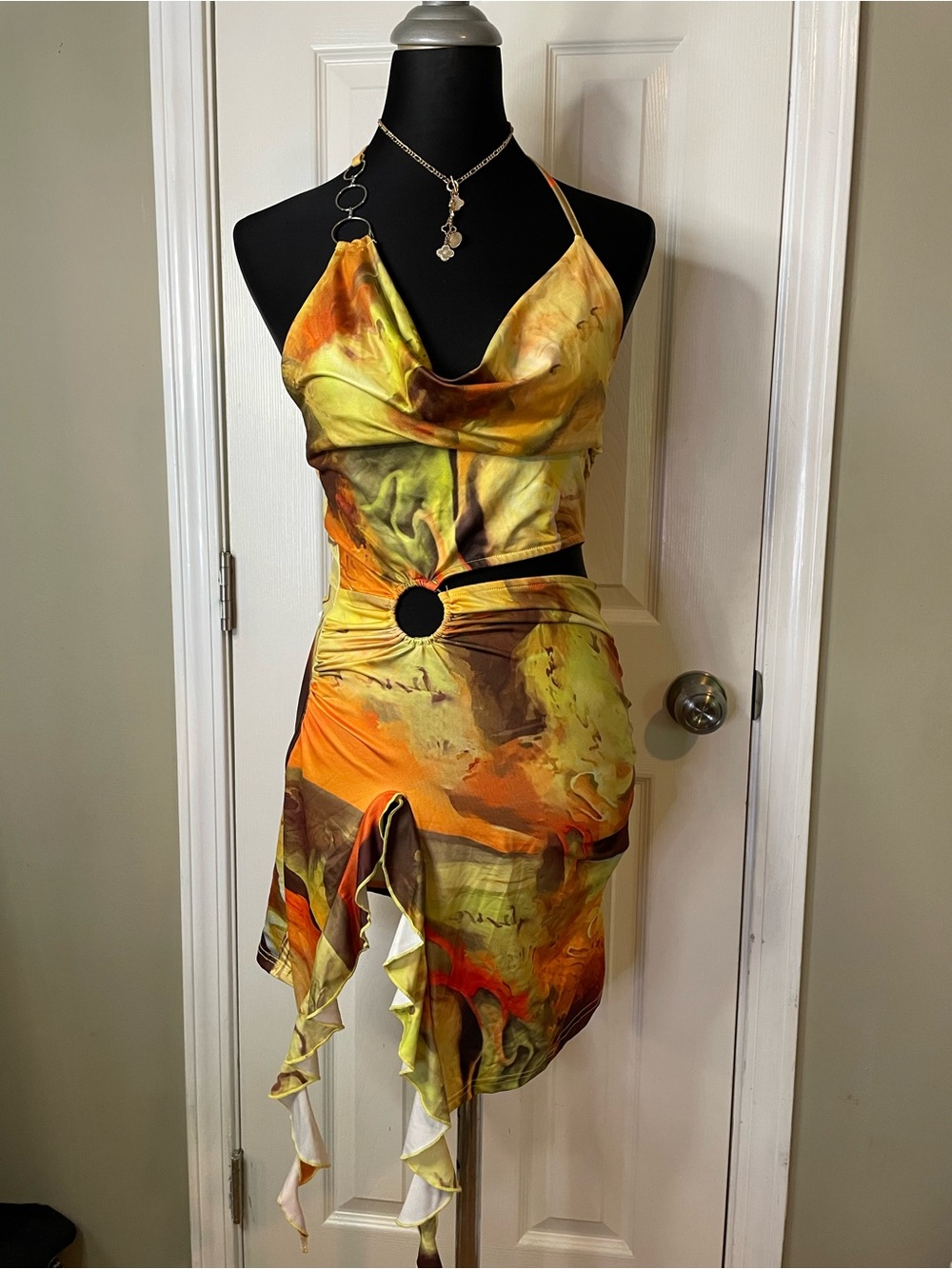 Marble-Print Halter Cutout Mini Dress in Yellow & Orange